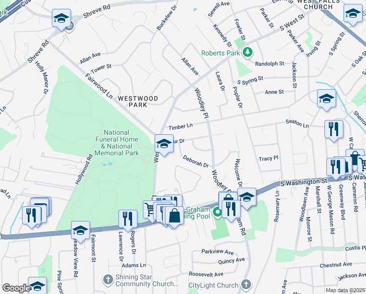 map of restaurants, bars, coffee shops, grocery stores, and more near 7248 Deborah Drive in Falls Church