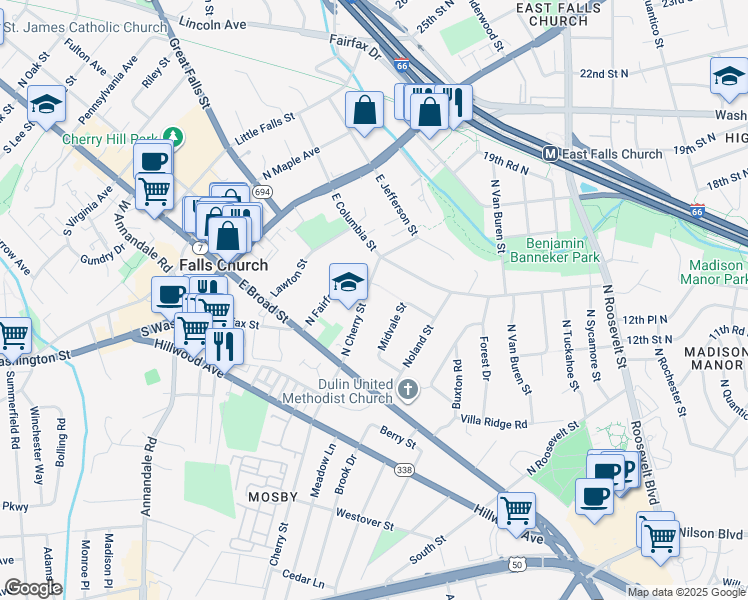 map of restaurants, bars, coffee shops, grocery stores, and more near 218 North Cherry Street in Falls Church