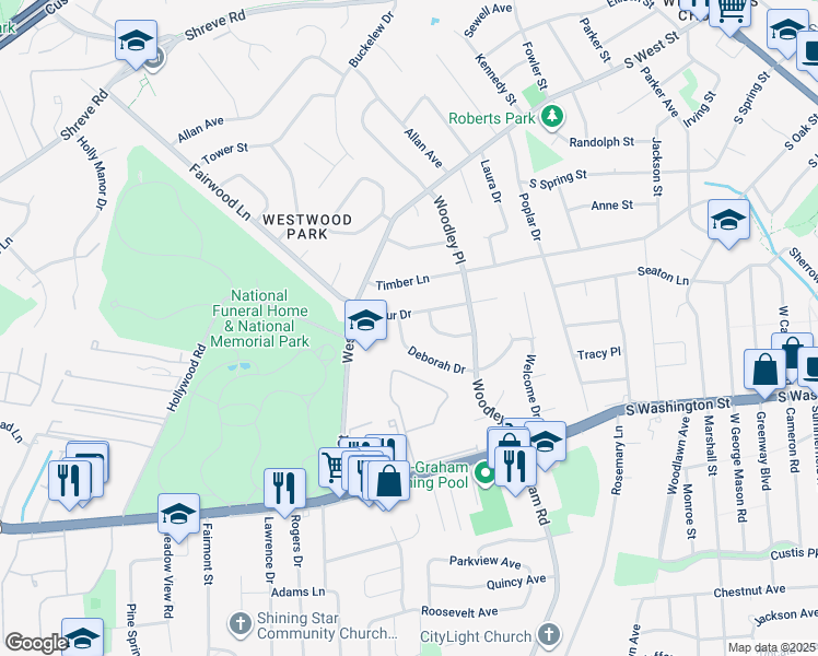map of restaurants, bars, coffee shops, grocery stores, and more near 7248 Deborah Drive in Falls Church
