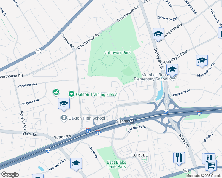 map of restaurants, bars, coffee shops, grocery stores, and more near 2874 Kelly Square in Vienna