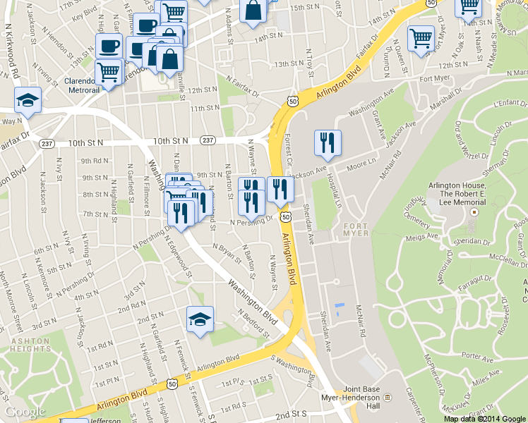map of restaurants, bars, coffee shops, grocery stores, and more near 2201 North Pershing Drive in Arlington