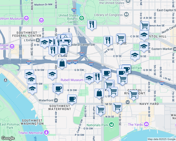 map of restaurants, bars, coffee shops, grocery stores, and more near 101 Independence Avenue Southeast in Washington