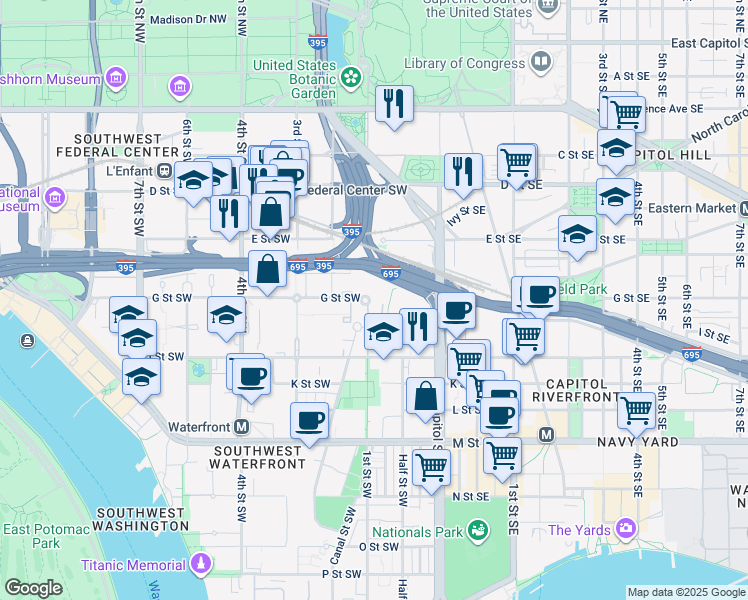 map of restaurants, bars, coffee shops, grocery stores, and more near 101 Independence Avenue Southeast in Washington