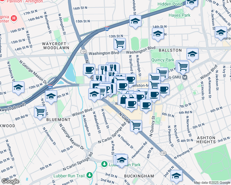 map of restaurants, bars, coffee shops, grocery stores, and more near 900 North Taylor Street in Arlington