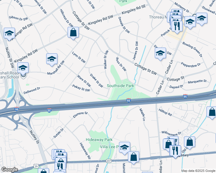 map of restaurants, bars, coffee shops, grocery stores, and more near 1216 Drake Street Southwest in Vienna
