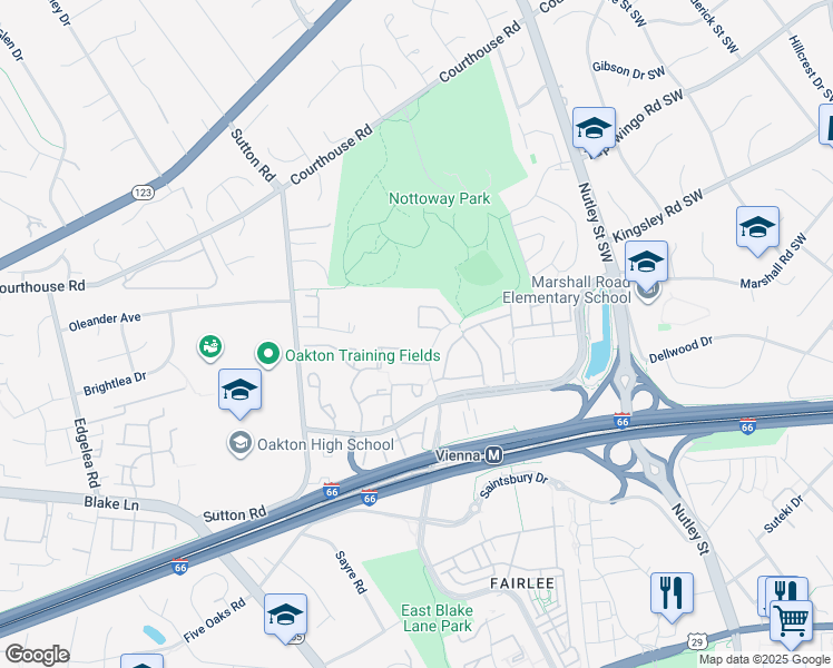 map of restaurants, bars, coffee shops, grocery stores, and more near 2874 Kelly Square in Vienna