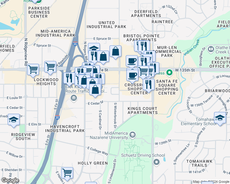 map of restaurants, bars, coffee shops, grocery stores, and more near 1938 East Lindenwood Circle in Olathe