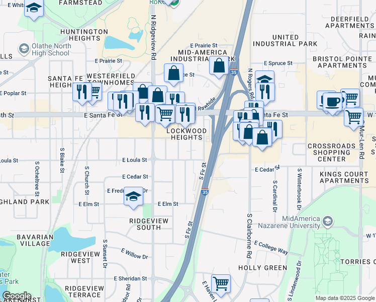 map of restaurants, bars, coffee shops, grocery stores, and more near 121 South Chester Street in Olathe