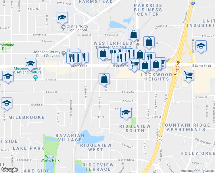 map of restaurants, bars, coffee shops, grocery stores, and more near 120 South Julia Street in Olathe
