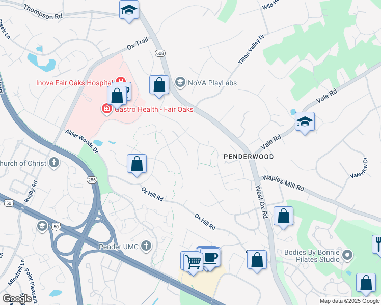 map of restaurants, bars, coffee shops, grocery stores, and more near 12404 Stewarts Ford Court in Fairfax