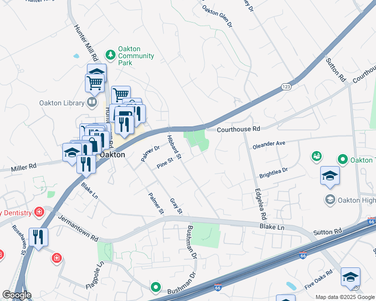 map of restaurants, bars, coffee shops, grocery stores, and more near 10110 Oakton Drive in Oakton