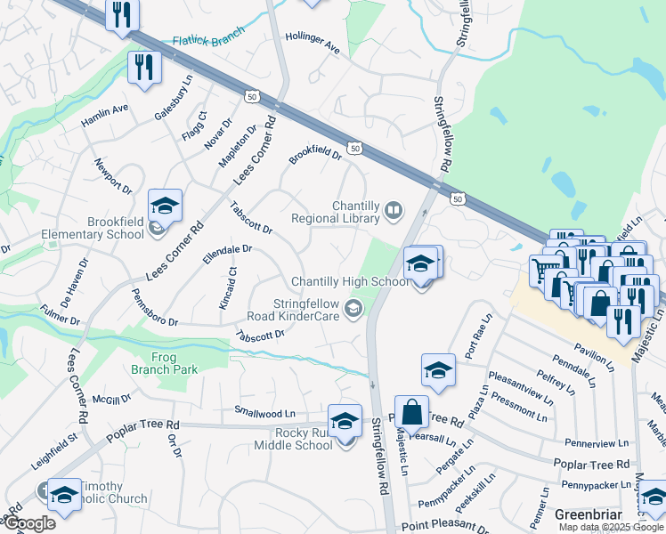 map of restaurants, bars, coffee shops, grocery stores, and more near 13372 Brookfield Court in Chantilly