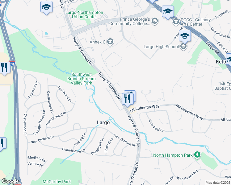 map of restaurants, bars, coffee shops, grocery stores, and more near 711 Harry S Truman Dr in Upper Marlboro