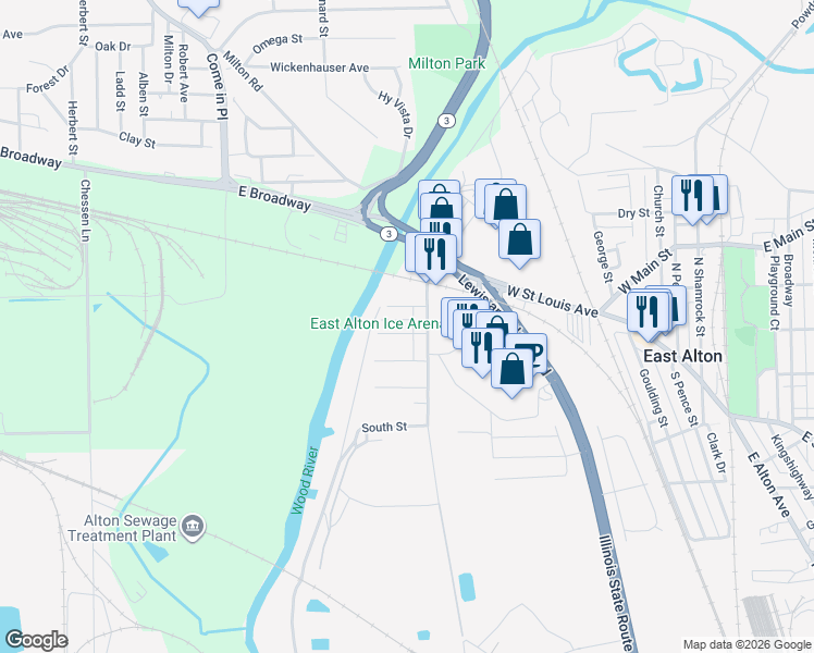 map of restaurants, bars, coffee shops, grocery stores, and more near 207 Niagara Street in East Alton
