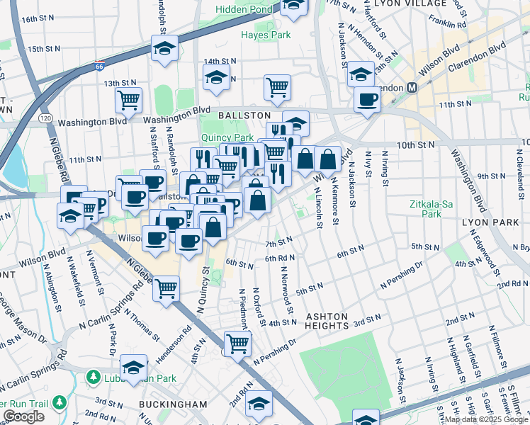 map of restaurants, bars, coffee shops, grocery stores, and more near Wilson Blvd & N Oakland St in Arlington