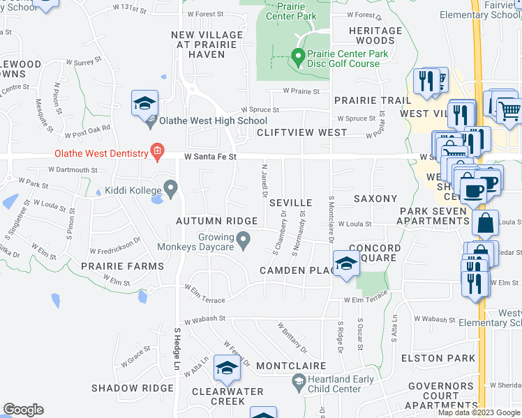 map of restaurants, bars, coffee shops, grocery stores, and more near 109 South Janell Drive in Olathe