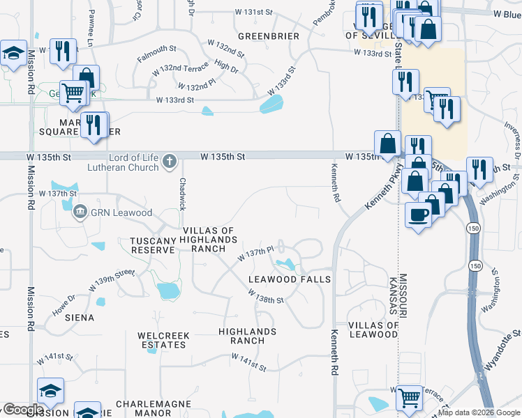 map of restaurants, bars, coffee shops, grocery stores, and more near 13641 Belinder Street in Overland Park