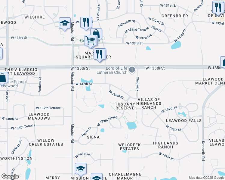 map of restaurants, bars, coffee shops, grocery stores, and more near 3402 West 138th Street in Overland Park