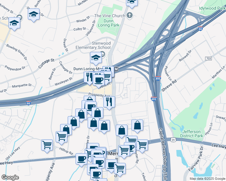 map of restaurants, bars, coffee shops, grocery stores, and more near Gallows Road in Vienna