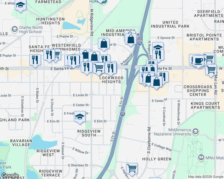 map of restaurants, bars, coffee shops, grocery stores, and more near 121 South Chester Street in Olathe