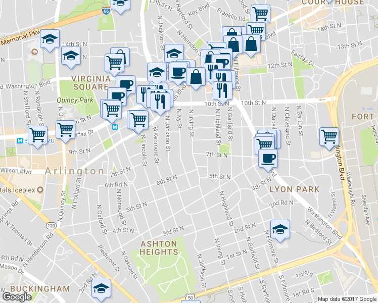 map of restaurants, bars, coffee shops, grocery stores, and more near 702 North Irving Street in Arlington