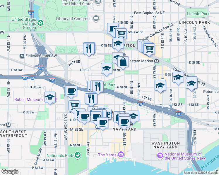 map of restaurants, bars, coffee shops, grocery stores, and more near 609 3rd Street Southeast in Washington