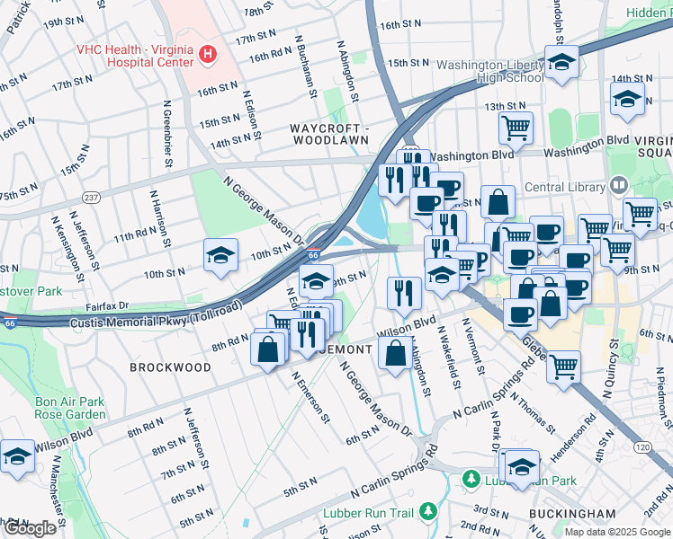 map of restaurants, bars, coffee shops, grocery stores, and more near 4832 Fairfax Drive in Arlington