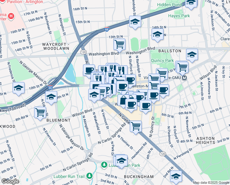 map of restaurants, bars, coffee shops, grocery stores, and more near 900 North Taylor Street in Arlington