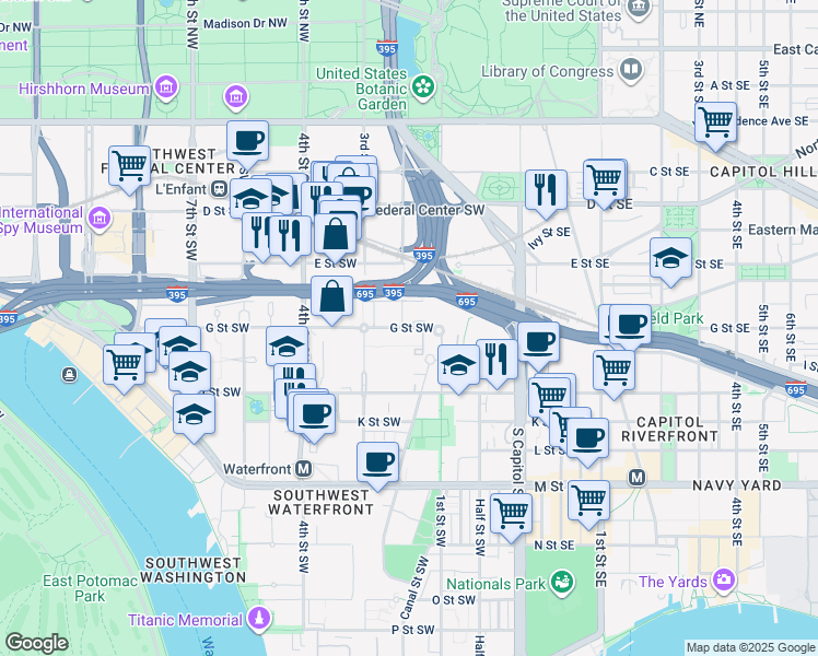 map of restaurants, bars, coffee shops, grocery stores, and more near 162 G Street Southwest in Washington