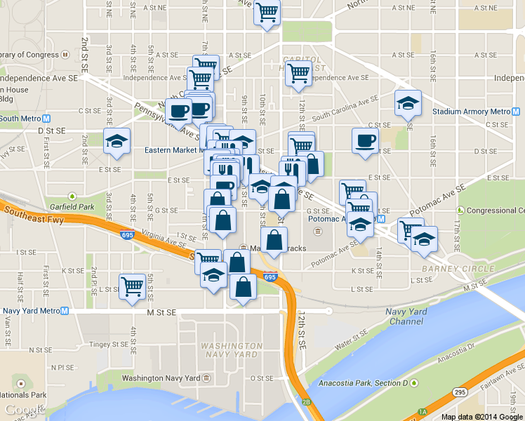 map of restaurants, bars, coffee shops, grocery stores, and more near G St SE & 10th St SE in Washington