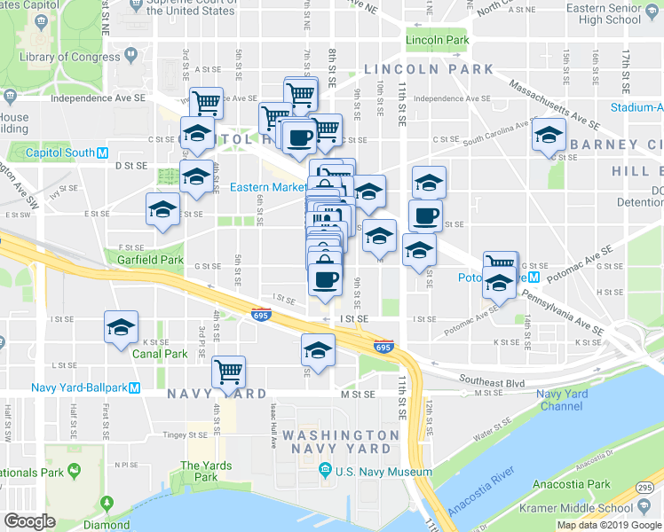 map of restaurants, bars, coffee shops, grocery stores, and more near 8th Street Southeast & G Street Southeast in Washington
