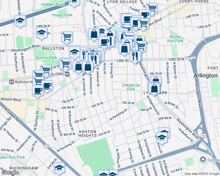 map of restaurants, bars, coffee shops, grocery stores, and more near 702 North Irving Street in Arlington