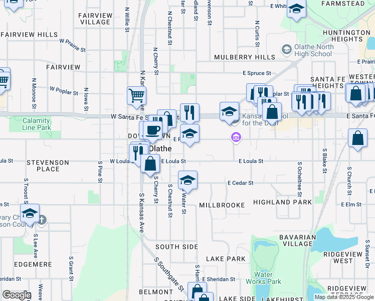 map of restaurants, bars, coffee shops, grocery stores, and more near 300 East Loula Street in Olathe