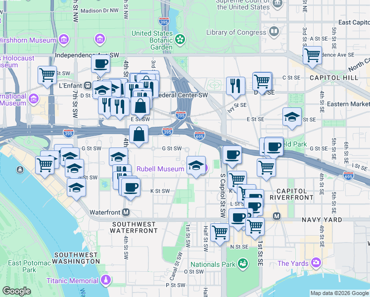 map of restaurants, bars, coffee shops, grocery stores, and more near 73 G Street Southwest in Washington