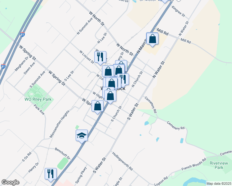 map of restaurants, bars, coffee shops, grocery stores, and more near 117 South Main Street in Woodstock
