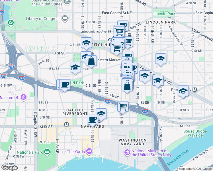 map of restaurants, bars, coffee shops, grocery stores, and more near G St SE & 6th St SE in Washington
