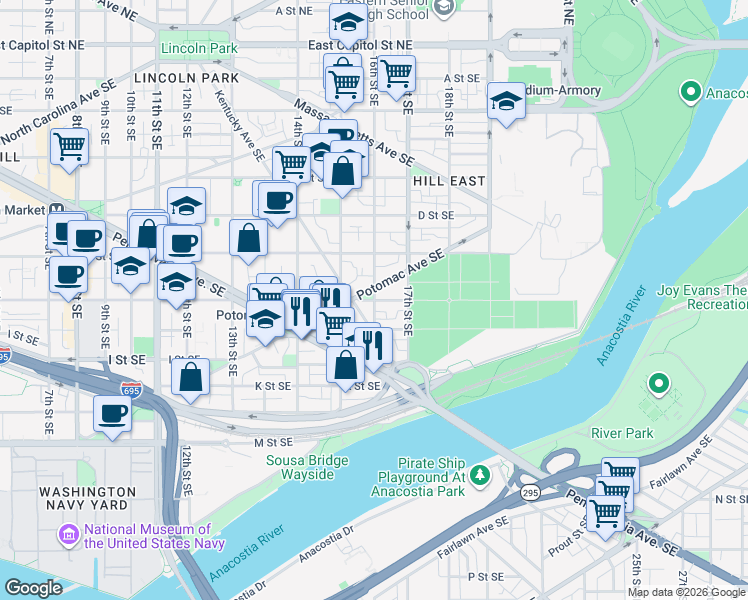 map of restaurants, bars, coffee shops, grocery stores, and more near 1598 G Street Southeast in Washington