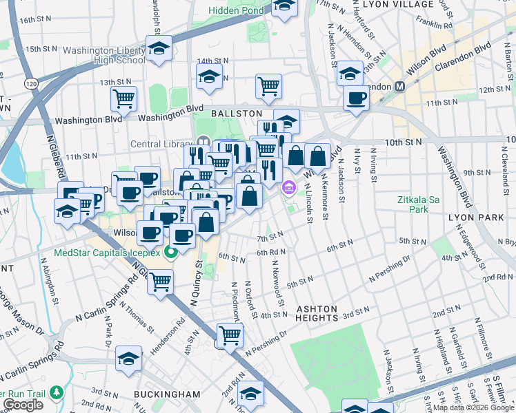 map of restaurants, bars, coffee shops, grocery stores, and more near Wilson Boulevard in Arlington