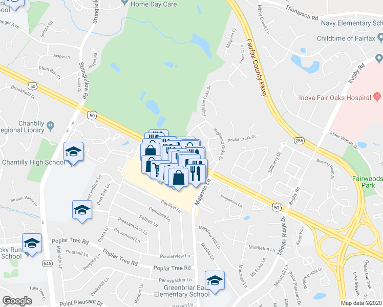 map of restaurants, bars, coffee shops, grocery stores, and more near 3997 Troon Court in Fairfax