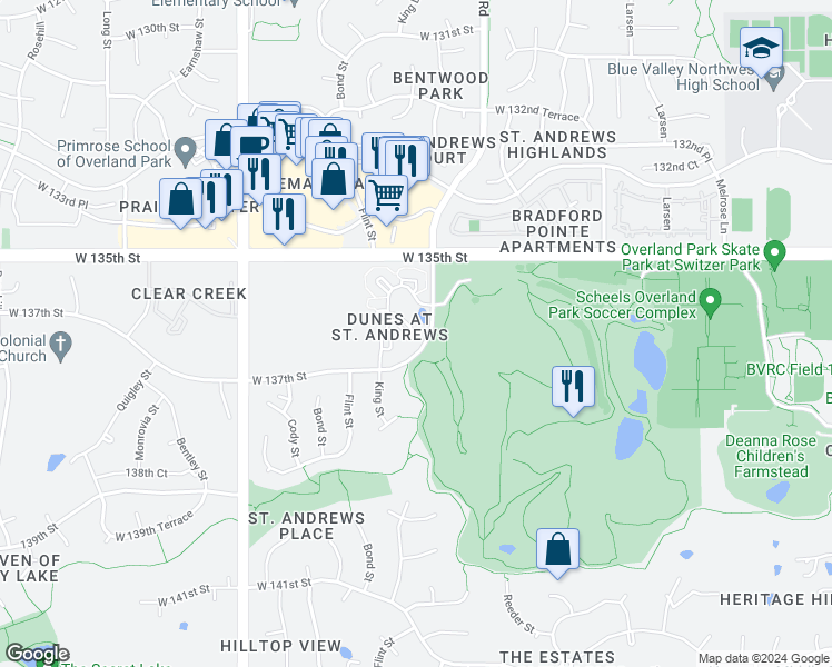 map of restaurants, bars, coffee shops, grocery stores, and more near 13621 King Street in Overland Park