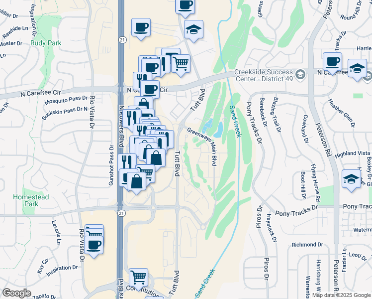 map of restaurants, bars, coffee shops, grocery stores, and more near in Colorado Springs