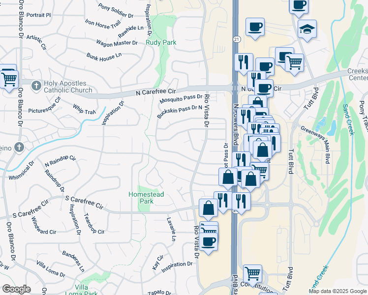 map of restaurants, bars, coffee shops, grocery stores, and more near 5545 Calico Pass Court in Colorado Springs