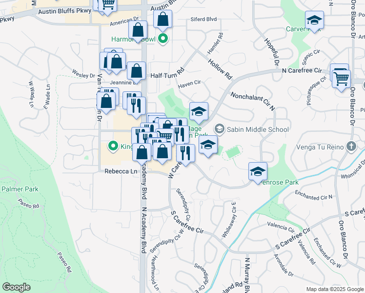 map of restaurants, bars, coffee shops, grocery stores, and more near 3589 North Carefree Circle in Colorado Springs