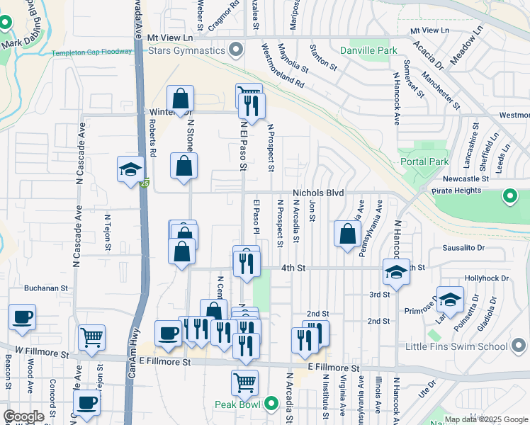 map of restaurants, bars, coffee shops, grocery stores, and more near 3314 North Prospect Street in Colorado Springs