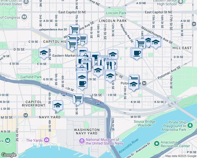 map of restaurants, bars, coffee shops, grocery stores, and more near 101 Independence Avenue Southeast in Washington