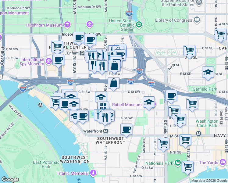 map of restaurants, bars, coffee shops, grocery stores, and more near 101 Independence Avenue Southeast in Washington