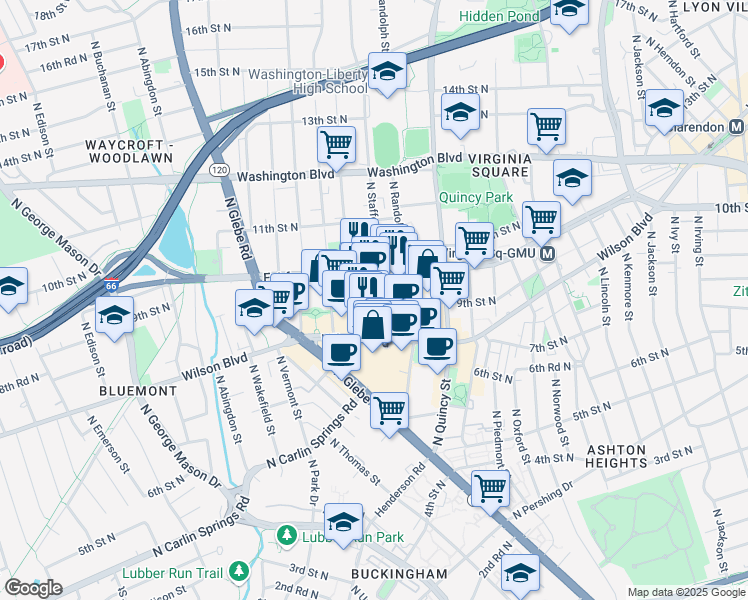 map of restaurants, bars, coffee shops, grocery stores, and more near 900 North Stafford Street in Arlington