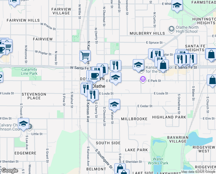 map of restaurants, bars, coffee shops, grocery stores, and more near 201 East Park Street in Olathe