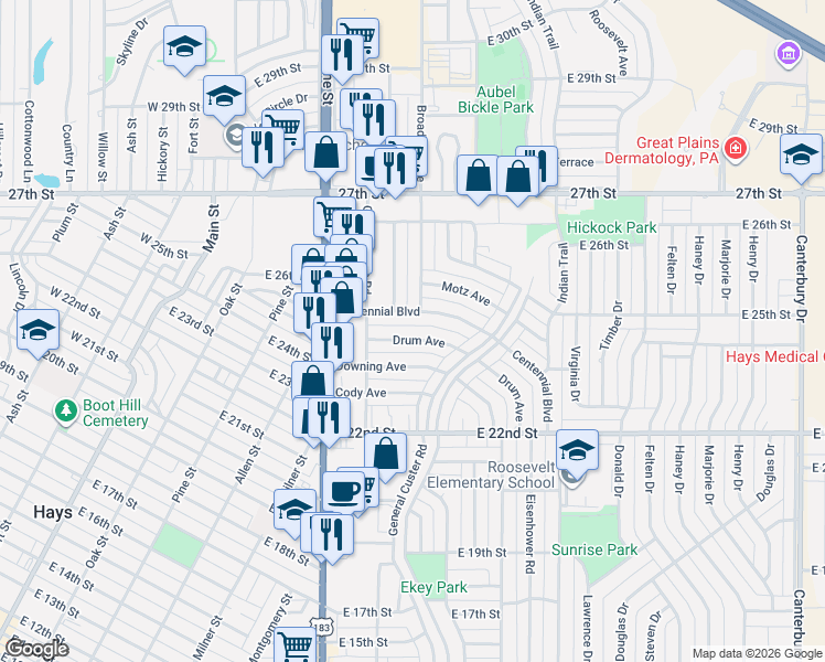 map of restaurants, bars, coffee shops, grocery stores, and more near 1105-1129 Drum Ave in Hays