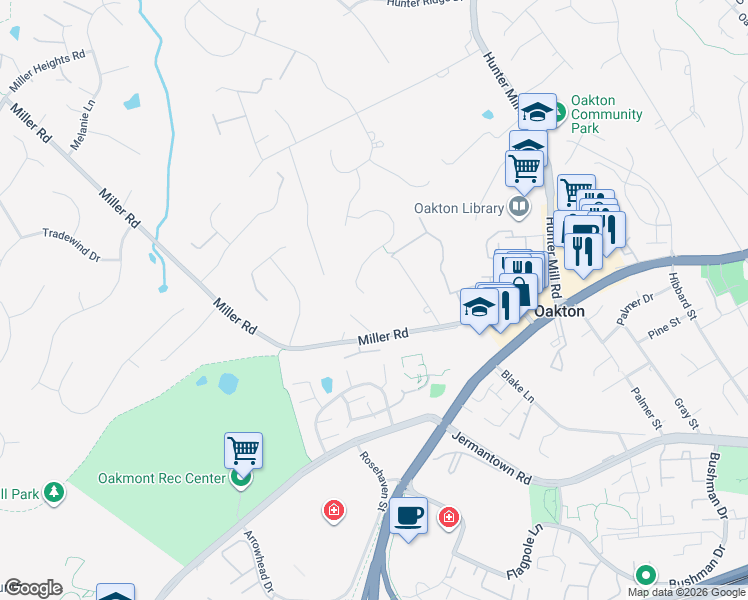 map of restaurants, bars, coffee shops, grocery stores, and more near 3017 Rose Creek Ct in Oakton
